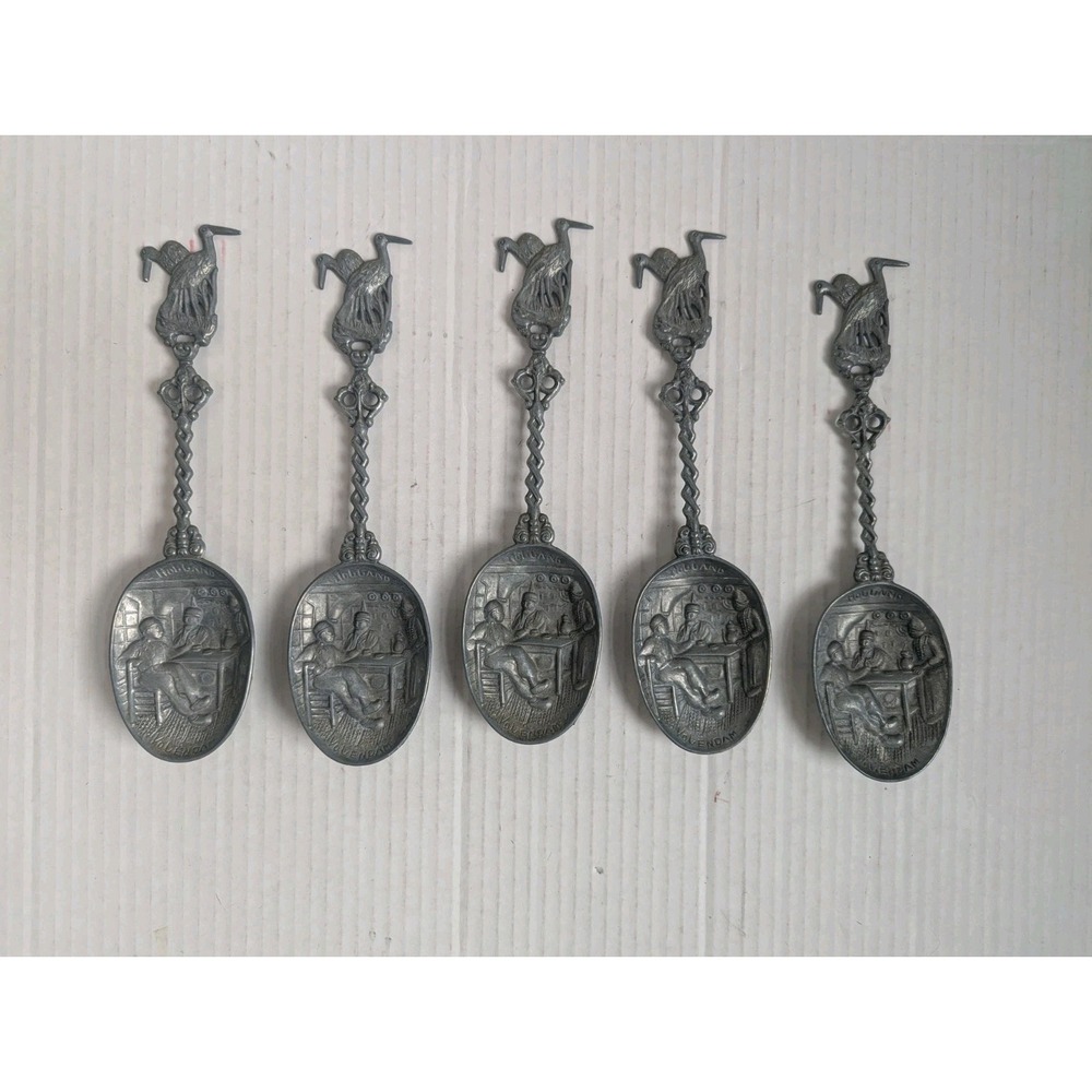 Vintage 5 Dutch Pewter  Souvenir Collector Spoon Storks Tavern Scene